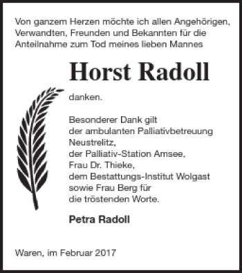 Traueranzeige von Horst Radoll von Müritz-Zeitung