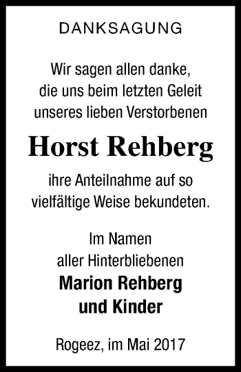 Traueranzeige von Horst Rehberg von Müritz-Zeitung