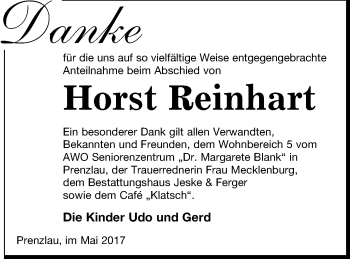 Traueranzeige von Horst Reinhart von Prenzlauer Zeitung