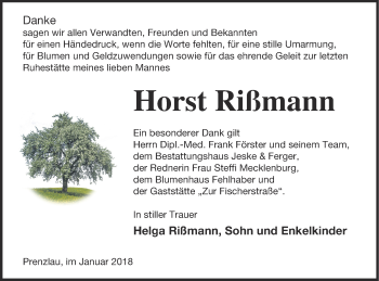Traueranzeige von Horst Rißmann von Prenzlauer Zeitung