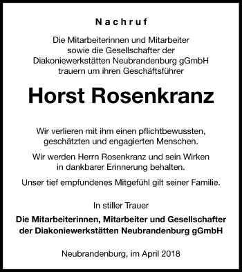 Traueranzeige von Horst Rosenkranz von Neubrandenburger Zeitung