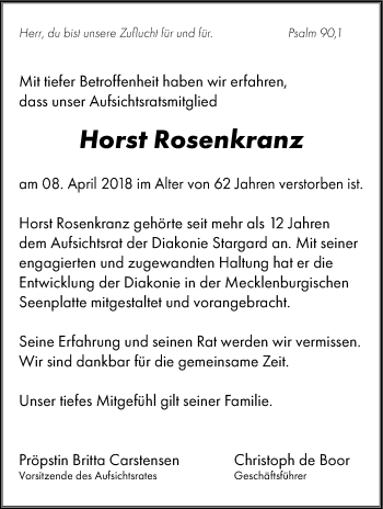 Traueranzeige von Horst Rosenkranz von Mecklenburger Schweiz