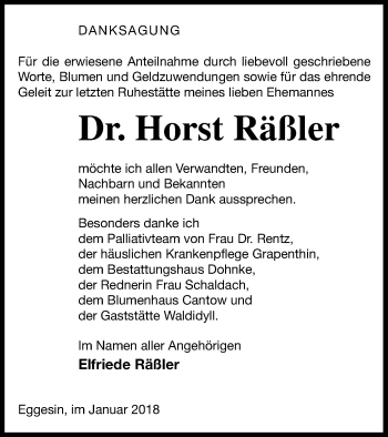 Traueranzeige von Horst Räßler von Haff-Zeitung
