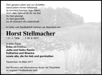 Traueranzeige von Horst Stellmacher von Pasewalker Zeitung