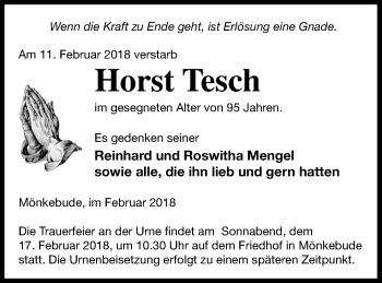 Traueranzeige von Horst Tesch von Haff-Zeitung