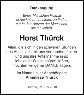 Traueranzeige von Horst Thürck von Vorpommern Kurier