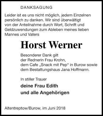 Traueranzeige von Horst Werner von Neubrandenburger Zeitung