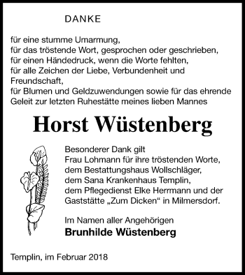 Traueranzeige von Horst Wüstenberg von Templiner Zeitung