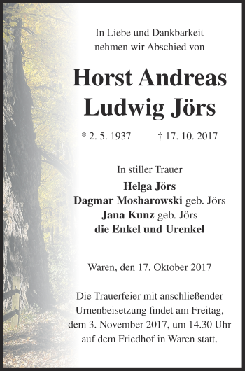Traueranzeige von Horst Andreas Ludwig Jörs von Müritz-Zeitung