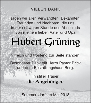 Traueranzeige von Hubert Grüning von Demminer Zeitung