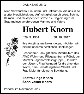 Traueranzeige von Hubert Knorn von Müritz-Zeitung