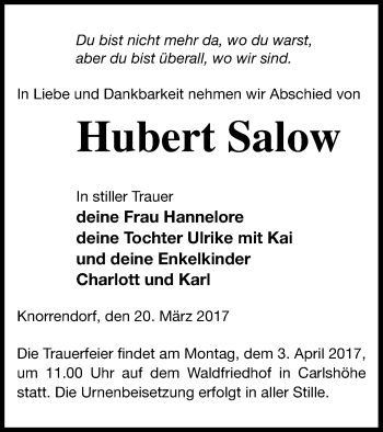 Traueranzeige von Hubert Salow von Neubrandenburger Zeitung