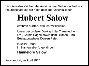 Traueranzeige von Hubert Salow von Neubrandenburger Zeitung