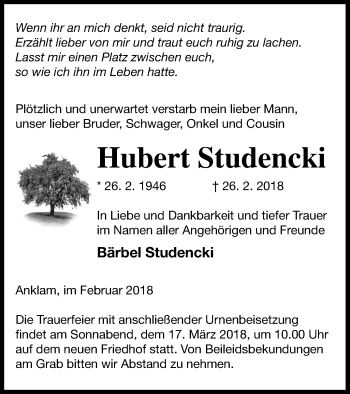 Traueranzeige von Hubert Studencki von Vorpommern Kurier