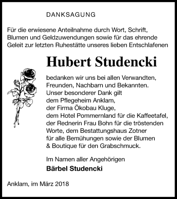Traueranzeige von Hubert Studencki von Vorpommern Kurier