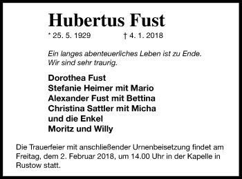 Traueranzeige von Hubertus Fust von Vorpommern Kurier