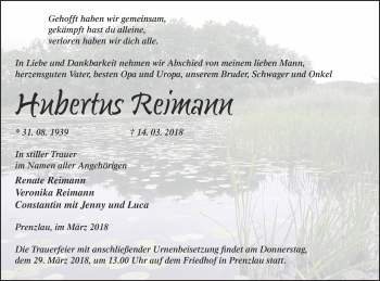 Traueranzeige von Hubertus Reimann von Prenzlauer Zeitung