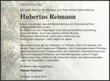 Traueranzeige von Hubertus Reimann von Prenzlauer Zeitung