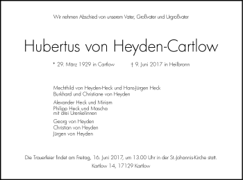 Traueranzeige von Hubertus von Heyden-Cartlow von Vorpommern Kurier