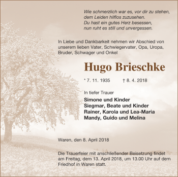 Traueranzeige von Hugo Brieschke von Müritz-Zeitung