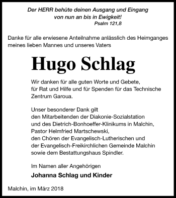 Traueranzeige von Hugo Schlag von Mecklenburger Schweiz
