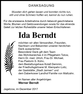 Traueranzeige von Ida Berndt von Vorpommern Kurier