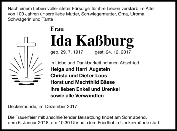 Traueranzeige von Ida Kaßburg von Haff-Zeitung