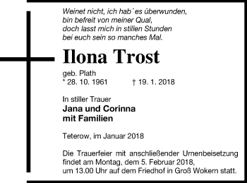 Traueranzeige von Ilona Trost von Mecklenburger Schweiz