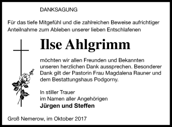 Traueranzeige von Ilse Ahlgrimm von Neubrandenburger Zeitung