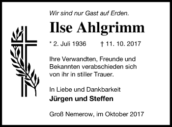 Traueranzeige von Ilse Ahlgrimm von Neubrandenburger Zeitung