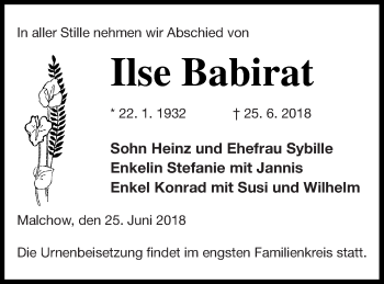 Traueranzeige von Ilse Babirat von Müritz-Zeitung