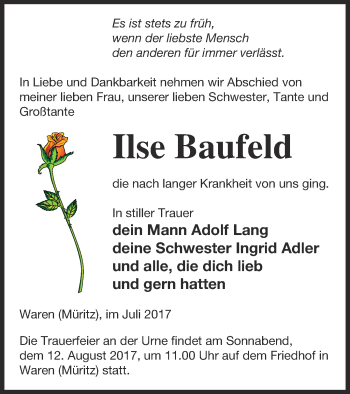 Traueranzeige von Ilse Baufeld von Müritz-Zeitung