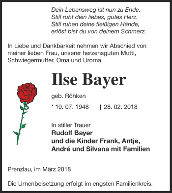 Traueranzeige von Ilse Bayer von Prenzlauer Zeitung