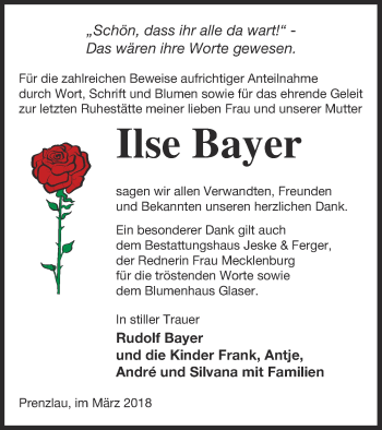 Traueranzeige von Ilse Bayer von Prenzlauer Zeitung