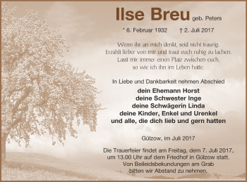 Traueranzeige von Ilse Breu von Mecklenburger Schweiz