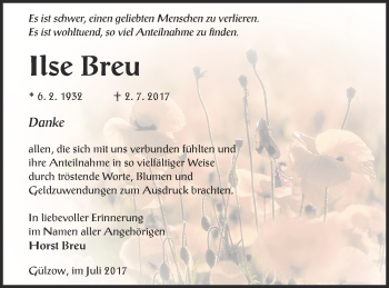 Traueranzeige von Ilse Breu von Mecklenburger Schweiz