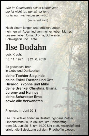 Traueranzeige von Ilse Budahn von Vorpommern Kurier