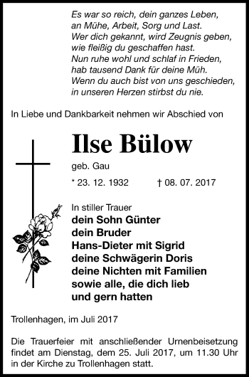 Traueranzeige von Ilse Bülow von Neubrandenburger Zeitung