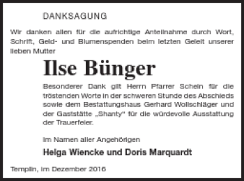 Traueranzeige von Ilse Bünger von Templiner Zeitung