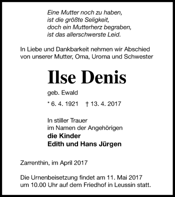 Traueranzeige von Ilse Denis von Vorpommern Kurier