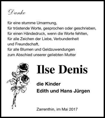 Traueranzeige von Ilse Denis von Vorpommern Kurier