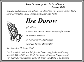 Traueranzeige von Ilse Dorow von Prenzlauer Zeitung