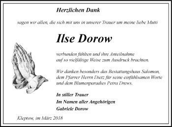 Traueranzeige von Ilse Dorow von Prenzlauer Zeitung