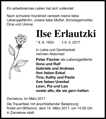 Traueranzeige von Ilse Erlautzki von Demminer Zeitung