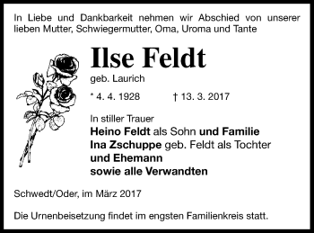 Traueranzeige von Ilse Feldt von Haff-Zeitung