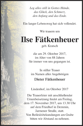 Traueranzeige von Ilse Fätkenheuer von Demminer Zeitung