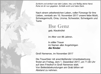 Traueranzeige von Ilse Genz von Neubrandenburger Zeitung