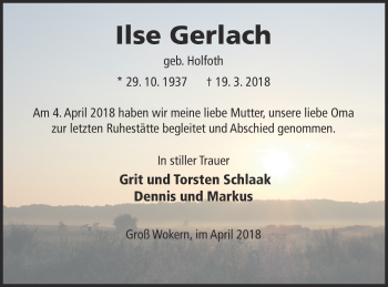 Traueranzeige von Ilse Gerlach von Mecklenburger Schweiz