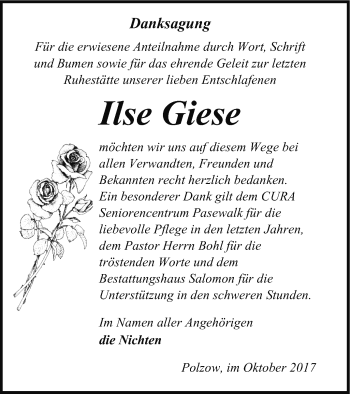 Traueranzeige von Ilse Giese von Pasewalker Zeitung