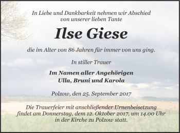 Traueranzeige von Ilse Giese von Pasewalker Zeitung